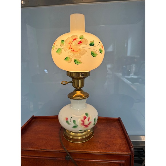 Other - Vintage Hurricane Lamp Milk Glass Hand Painted Floral Rose Brass Electric Table